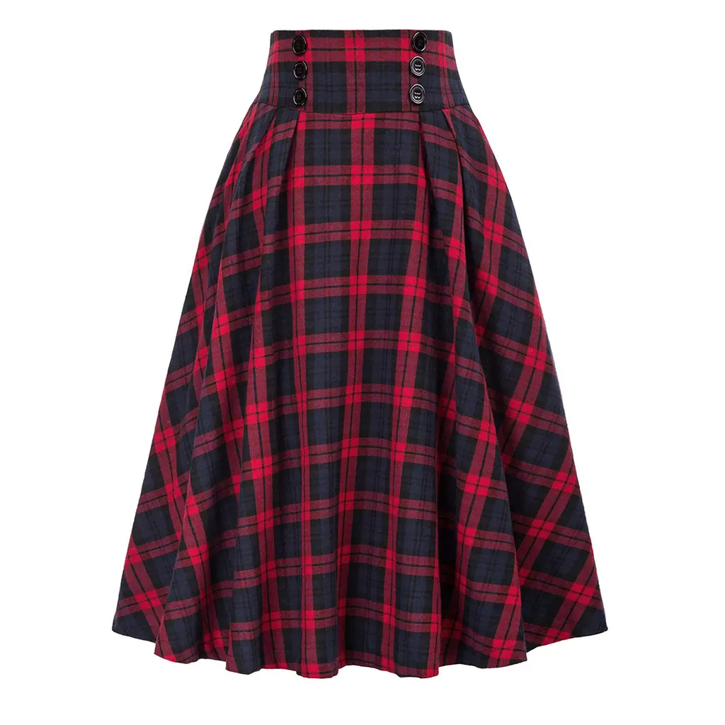 Korean Style Woolen Plaid Skirt With Big Swing - Red