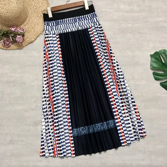 New Women's Skirts Stitching Pleated Skirt Bohemian Plaid A line Skirt Black - Shop at LoveMi