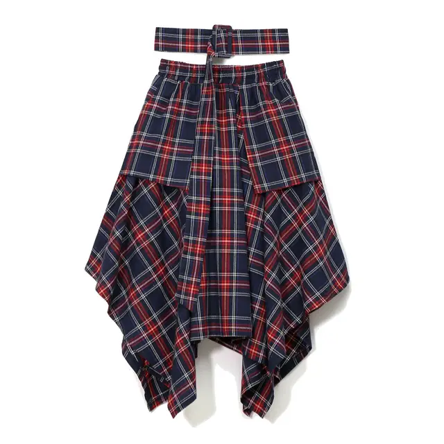 A Line Korean Plaid High Waist Skirt With Belt Dark Blue - Shop at LoveMi