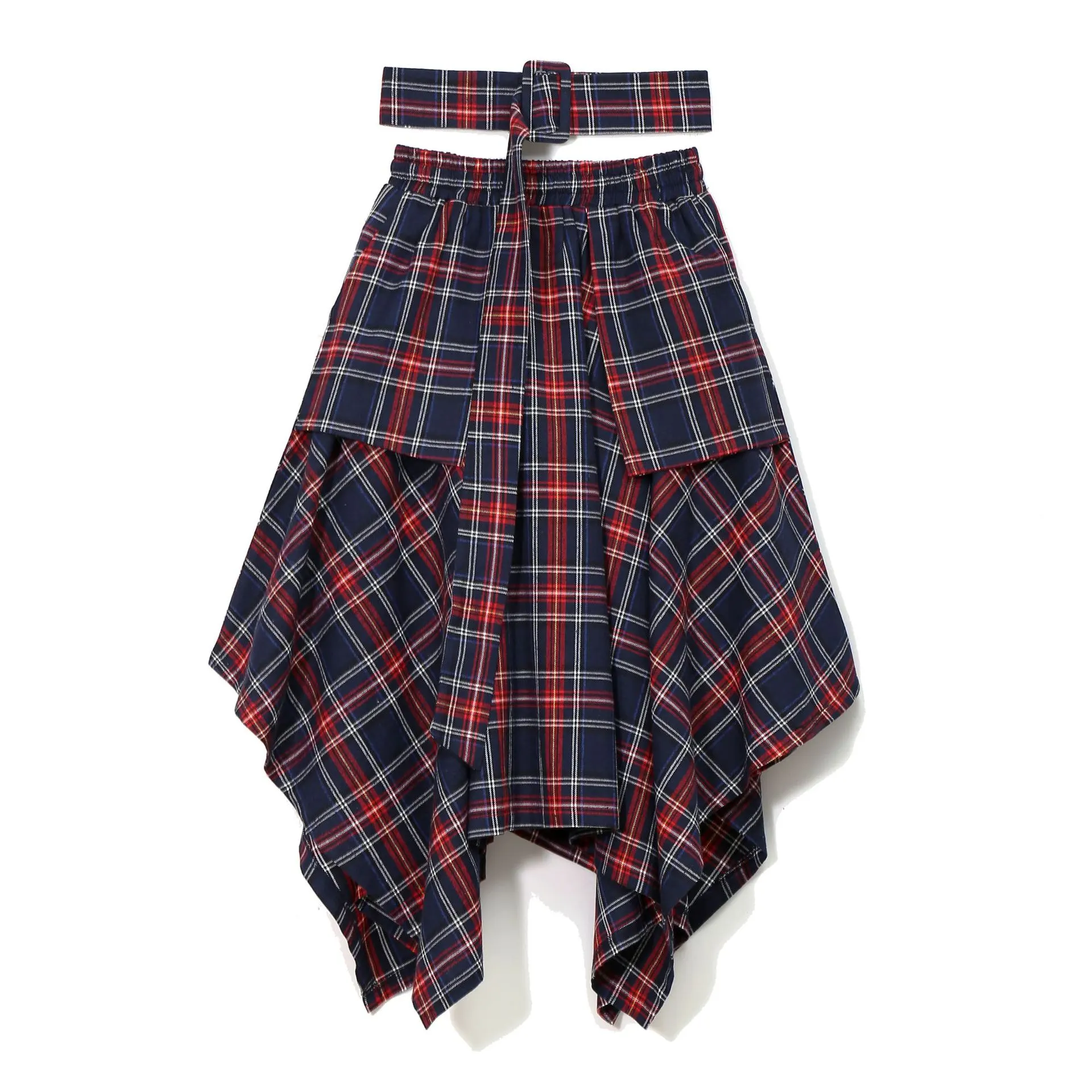 A Line Korean Plaid High Waist Skirt With Belt - Dark Blue