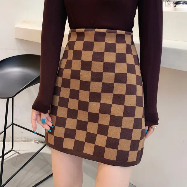 High waist Skirt Women's Plaid Knitted Coffee - Shop at LoveMi