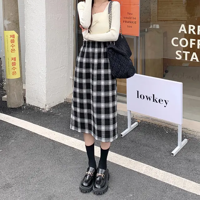 Plaid A line Skirt Retro High Waist Split Straight Skirt Black And White - Shop at LoveMi