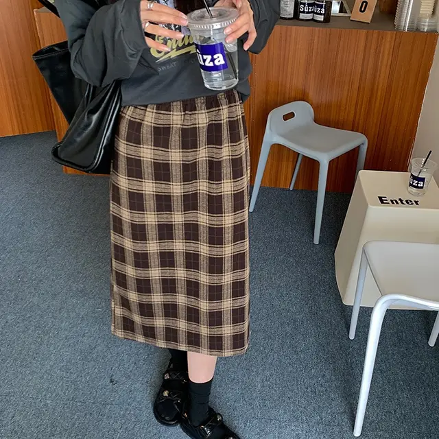 Plaid A line Skirt Retro High Waist Split Straight Skirt Coffee - Shop at LoveMi
