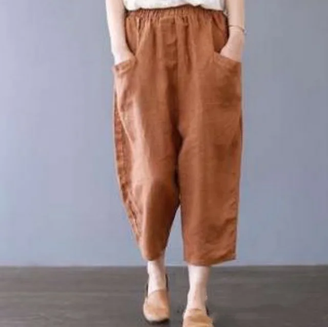 Large Size Loose High Waist Pocket Cotton And Linen Casual Pants Orange - Shop at LoveMi