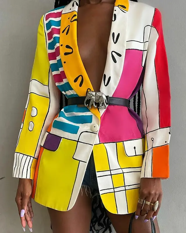 Fashion Printed Shawl Collar Single breasted Belt Blazer Women Geometric Yellow - Shop at LoveMi