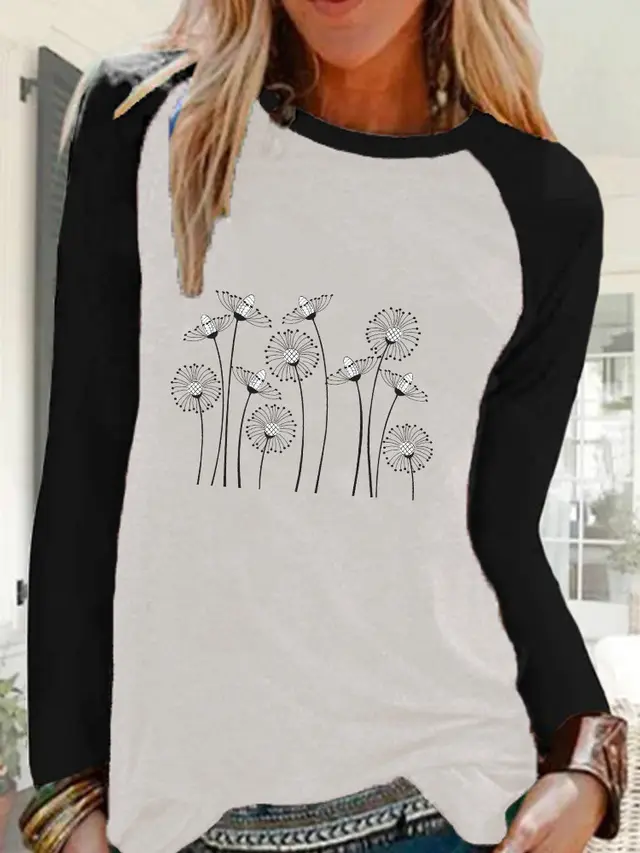 Women's Printed Round Neck Long sleeved T shirt White - Shop at LoveMi