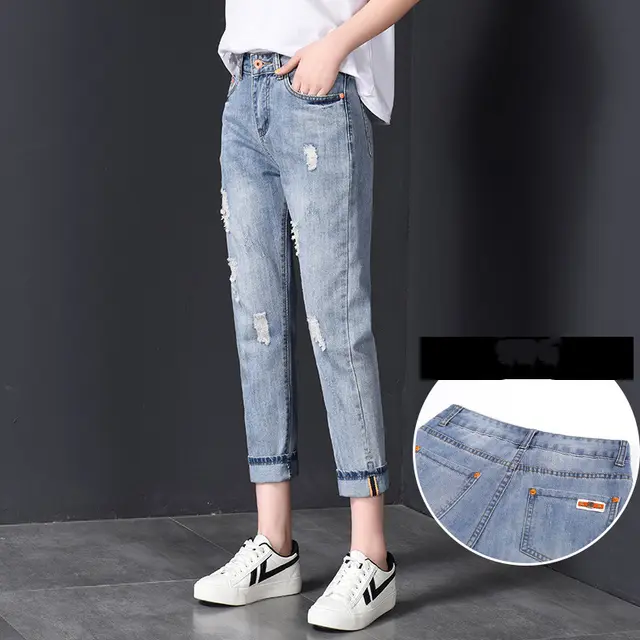 High Waist Nine point Harem Daddy Women Pants Ripped Jeans Women Light Blue - Shop at LoveMi