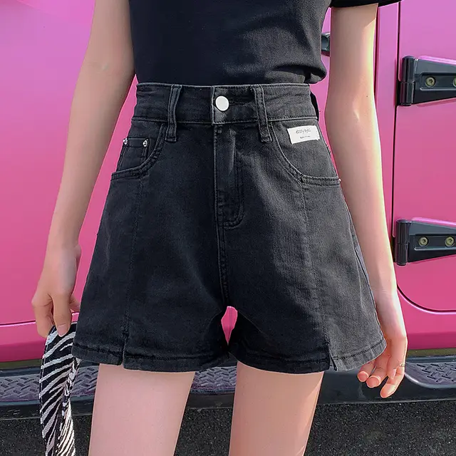 High Waist Denim Shorts Loose Wide Leg A line Super Hot Pants Black - Shop at LoveMi