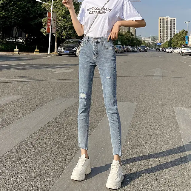 Light Blue Ripped Jeans Women's Thin And Tall Nine point Pencil Feet Pants Light Blue - Shop at LoveMi