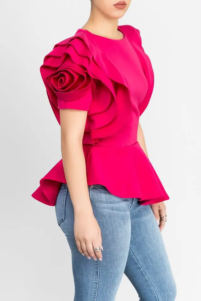 European And American Foreign Trade Women's Summer Hot Style Ruffled Hem Short Sleeve Rose Red - Shop at LoveMi