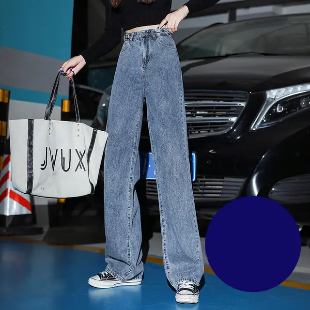 Wide leg Autumn Thin High waisted Loose Drape Straight Mopping Women's Jeans Dark Blue - Shop at LoveMi