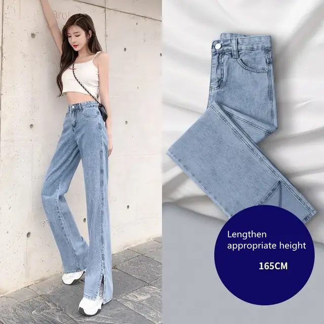 Women's Split Wide leg Jeans High Waist Drape Loose Straight And Thin Light Blue Extended Version - Shop at LoveMi