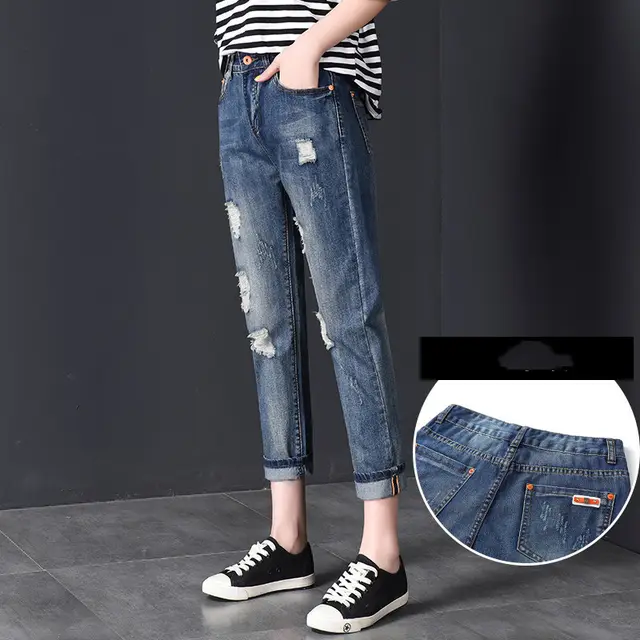 Ripped Jeans High waisted Nine point Harlan Straight leg Pants Dark Blue - Shop at LoveMi