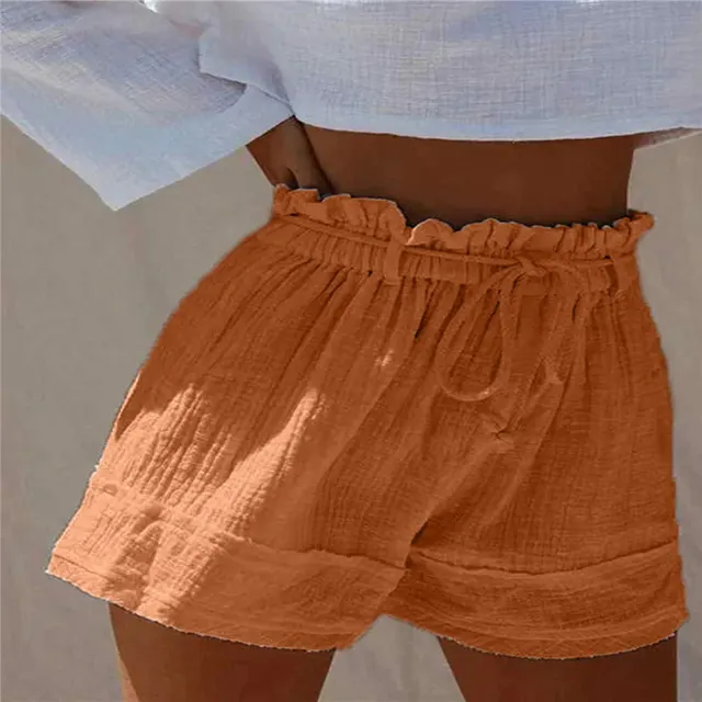 Solid Color Loose Pleated Elastic Belt High Waist Cotton And Linen Boho Shorts Hot Pants Orange - Shop at LoveMi