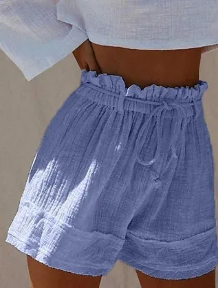 Solid Color Loose Pleated Elastic Belt High Waist Cotton And Linen Boho Shorts Hot Pants Royal Blue - Shop at LoveMi