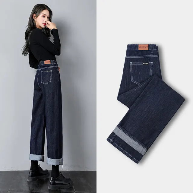 Women's Pants With High Waist And Thin Legs Dark Blue Lengthened - Shop at LoveMi