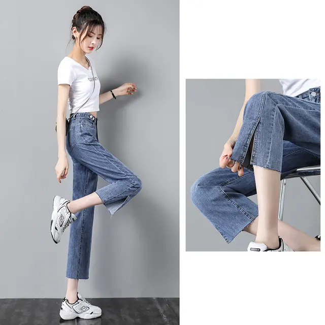 Women's Straight Leg Jeans Thin Section High Waist Wide Leg Dark Blue - Shop at LoveMi