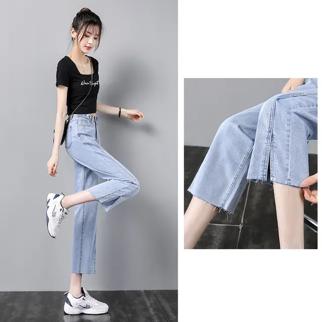 Women's Straight Leg Jeans Thin Section High Waist Wide Leg Light Blue - Shop at LoveMi