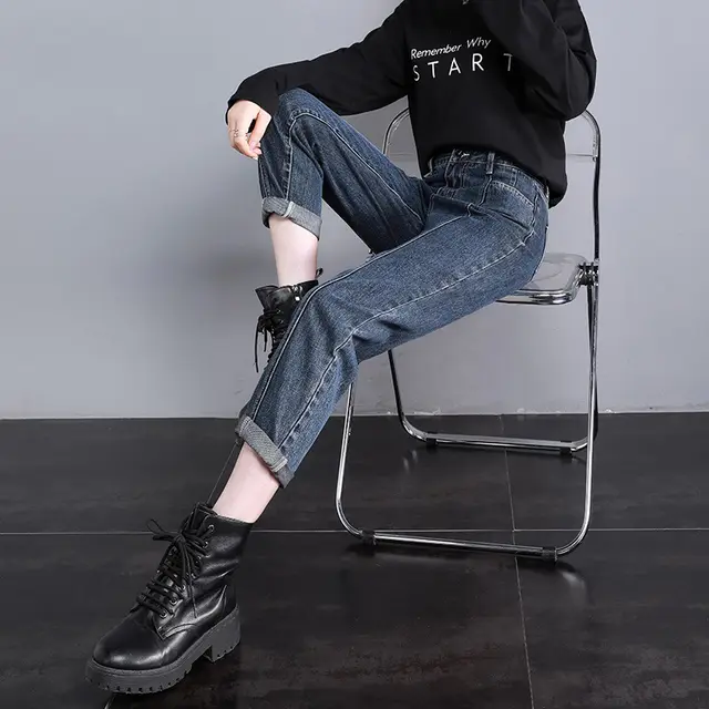 Straight Loose High Waist Harlan Carrot Daddy Women's Pants Grey Blue - Shop at LoveMi