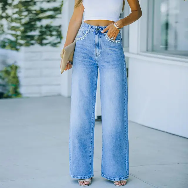 Women's Casual Loose Washed Denim Trousers Blue - Shop at LoveMi