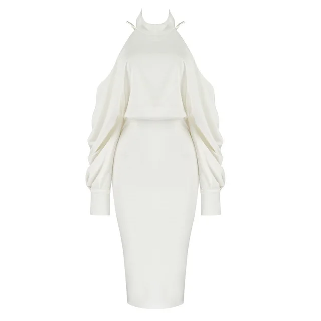 Long Sleeve Stretch Pearl Chain Sexy Evening Dress White - Shop at LoveMi