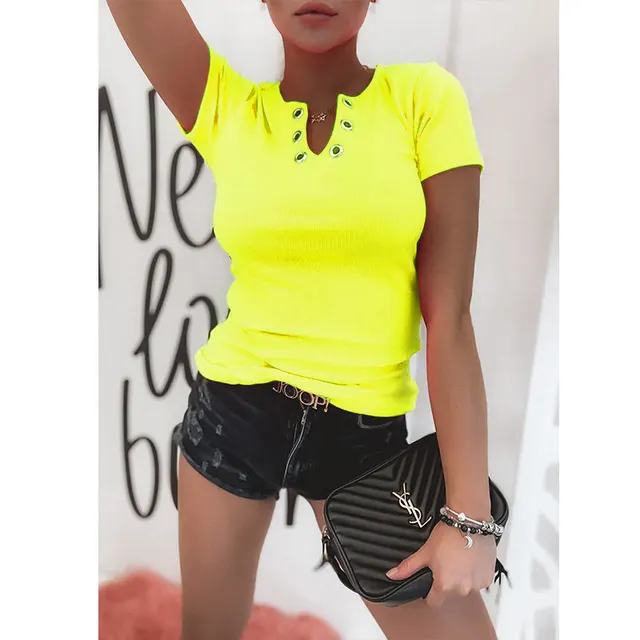 Pure Color European And American Sexy V neck Slim fit Women's T shirt Trend Yellow - Shop at LoveMi