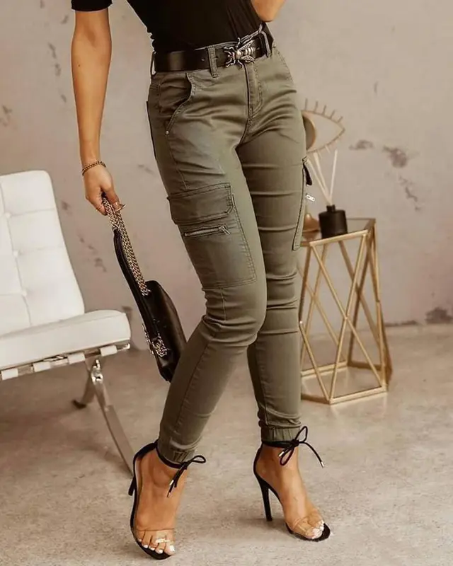 European And American Women's Trousers, Low waisted Buttons, Solid Color Pockets Green - Shop at LoveMi