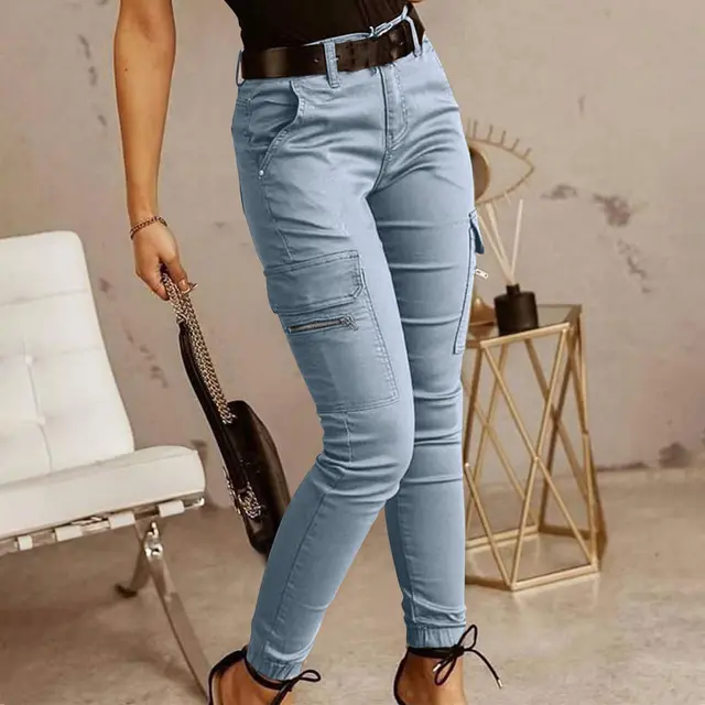 European And American Women's Trousers, Low waisted Buttons, Solid Color Pockets Light Blue - Shop at LoveMi