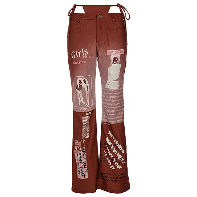 Personality Street Shooting Strap Design Lace upCool Sa Letter Printing Casual Pants Reddish Brown - Shop at LoveMi