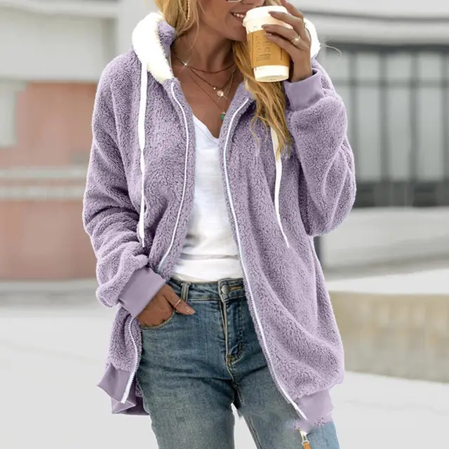 Women's Loose Plush Zipper Hooded Jacket Purple - Shop at LoveMi