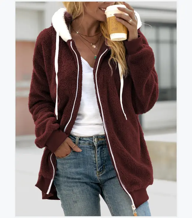 Women's Loose Plush Zipper Hooded Jacket Red - Shop at LoveMi