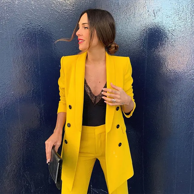 Lapel Long Sleeve Double Breasted Blazer Yellow Jacket Yellow - Shop at LoveMi