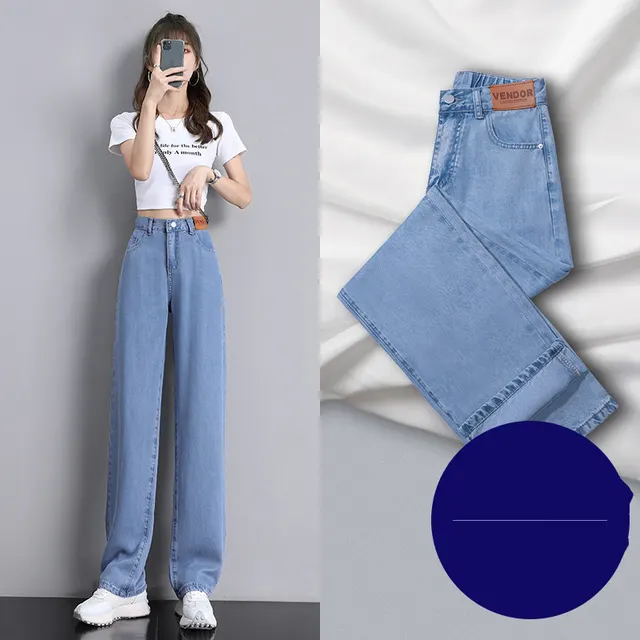 High Waist Jeans Women Summer Straight Leg Tencel Small Wide Leg Pants Ice Silk Women Pants Blue - Shop at LoveMi
