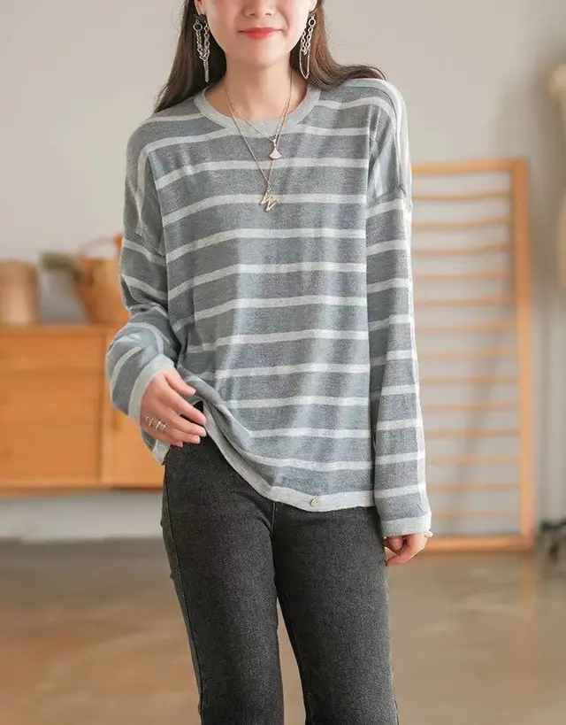 Autumn New Style Striped Long sleeved Round Neck Temperament Grey - Shop at LoveMi