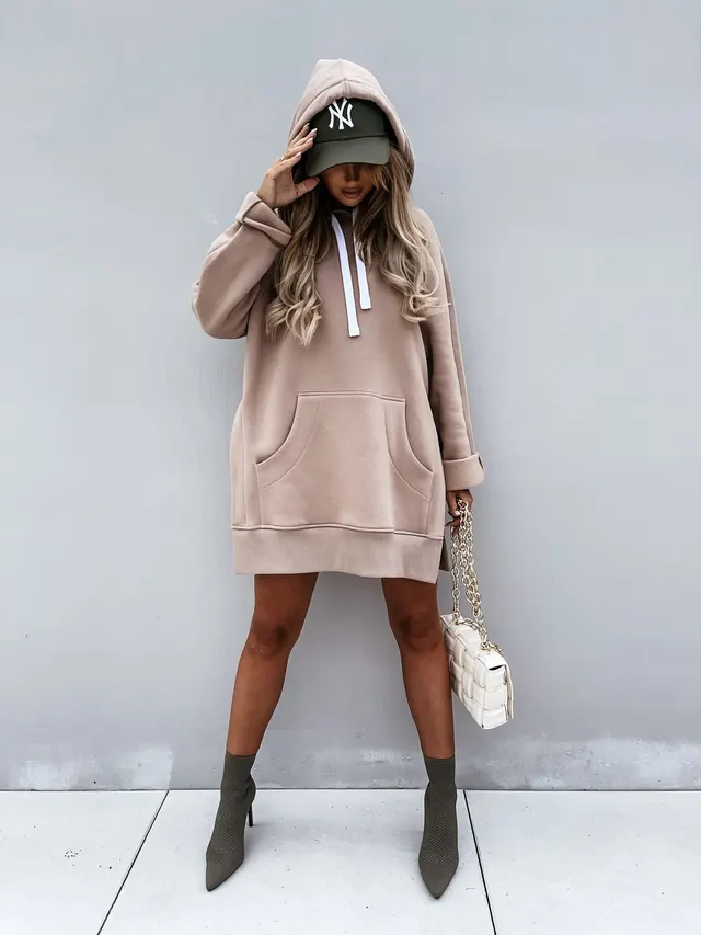 Autumn Long Sleeved Solid Color Pullover Hooded Drawstring Sweater Women's Clothing Khaki - Shop at LoveMi