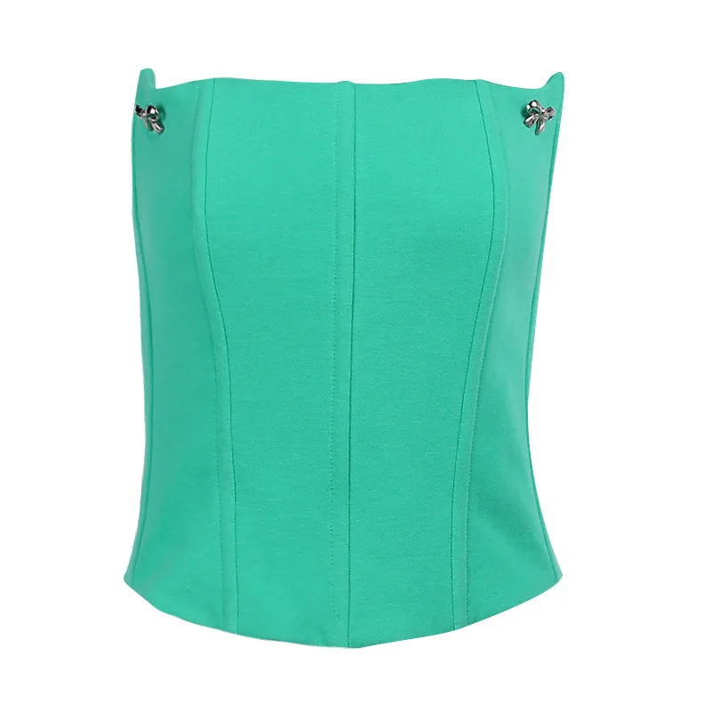 Pure Color Slim One line Neck Wrapped Top Strapless Black Ladies Vest Casual Green - Shop at LoveMi
