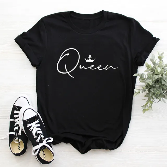 Crown Queen Letter Print O Neck Loose T shirt Black - Shop at LoveMi