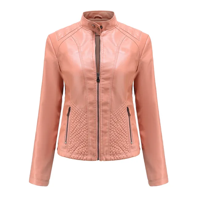 Simple European And American Trend Thin Coat Long Sleeve Motorcycle Jacket Women Pink - Shop at LoveMi