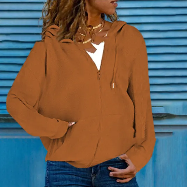 Loose Pocket Zipper Solid Color Hooded Sweater Cardigan Brown - Shop at LoveMi