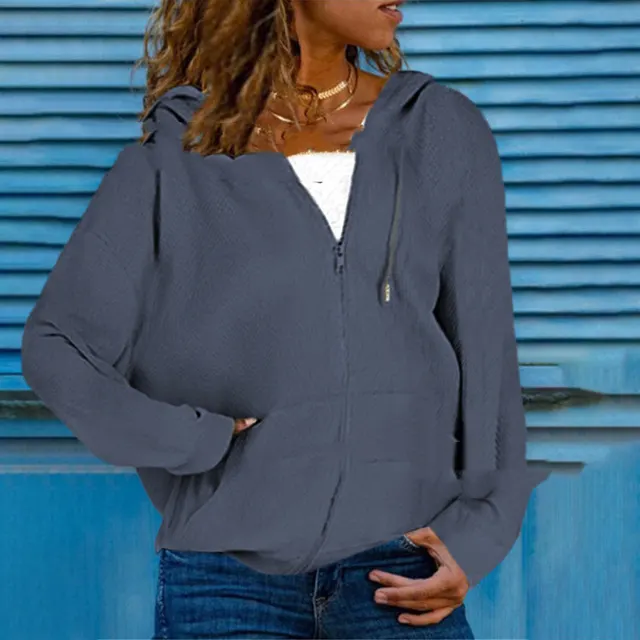 Loose Pocket Zipper Solid Color Hooded Sweater Cardigan Grey - Shop at LoveMi