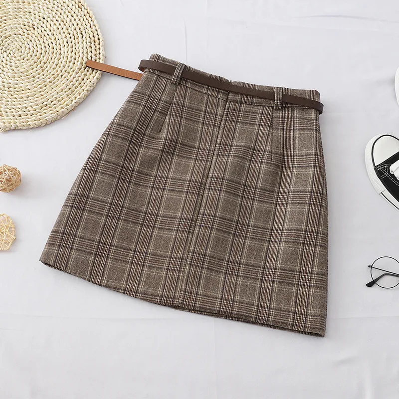 Autumn Skirt A-line Short Plaid - Khaki