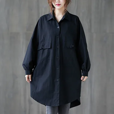 Cardigan Shirt Collar Big Pocket Windbreaker Jacket Women Black - Shop at LoveMi