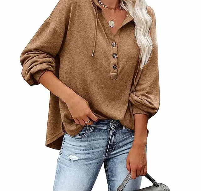 Women's Loose V neck Long sleeved Sweater Khaki - Shop at LoveMi