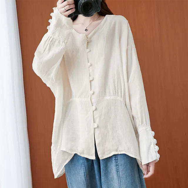 Women's Loose Literary Retro Cotton And Linen Shirt White - Shop at LoveMi