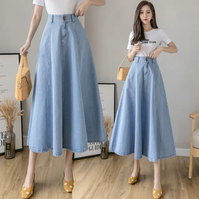 Ladies Mid length Denim Umbrella Skirt Light Blue - Shop at LoveMi