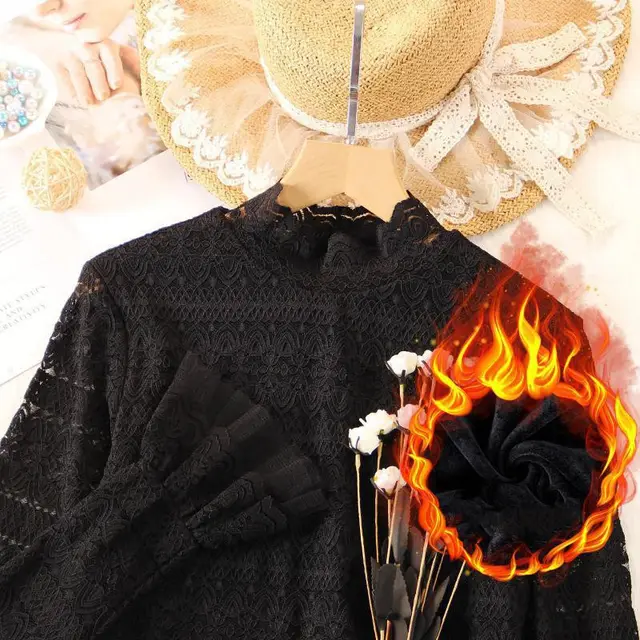 Women's High Neck Lace Bottoming Shirt Plus Velvet Mesh Black Plus Velvet - Shop at LoveMi