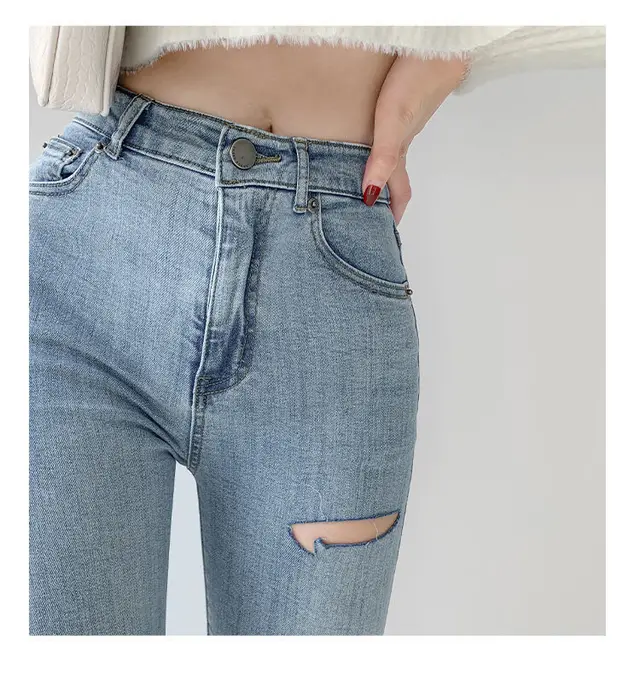 Ripped Jeans Women's High Waist Slimming Pants With Hips Light Blue - Shop at LoveMi