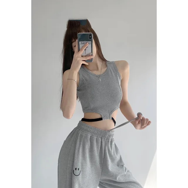 Trendy Girl Short Sleeveless Vest With Umbilical Strap Light Grey - Shop at LoveMi