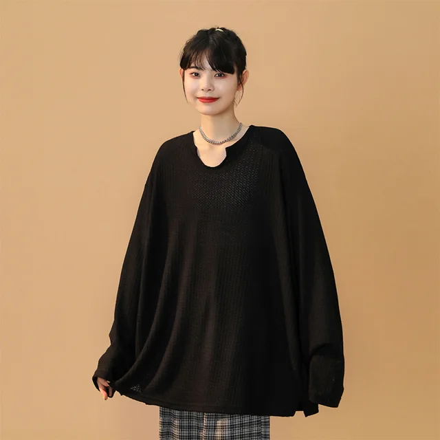 Waffle Sweater Women Spring And Autumn Thin Section New Black - Shop at LoveMi