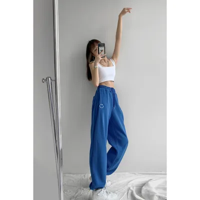 Women Smiley Face Embroidered Loose Casual Trousers Blue - Shop at LoveMi